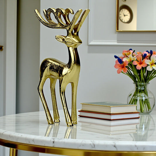 Golden Aluminum Handcrafted Christmas Minimalistic Standing Deer – Elegant Holiday Decor | Hind Decor