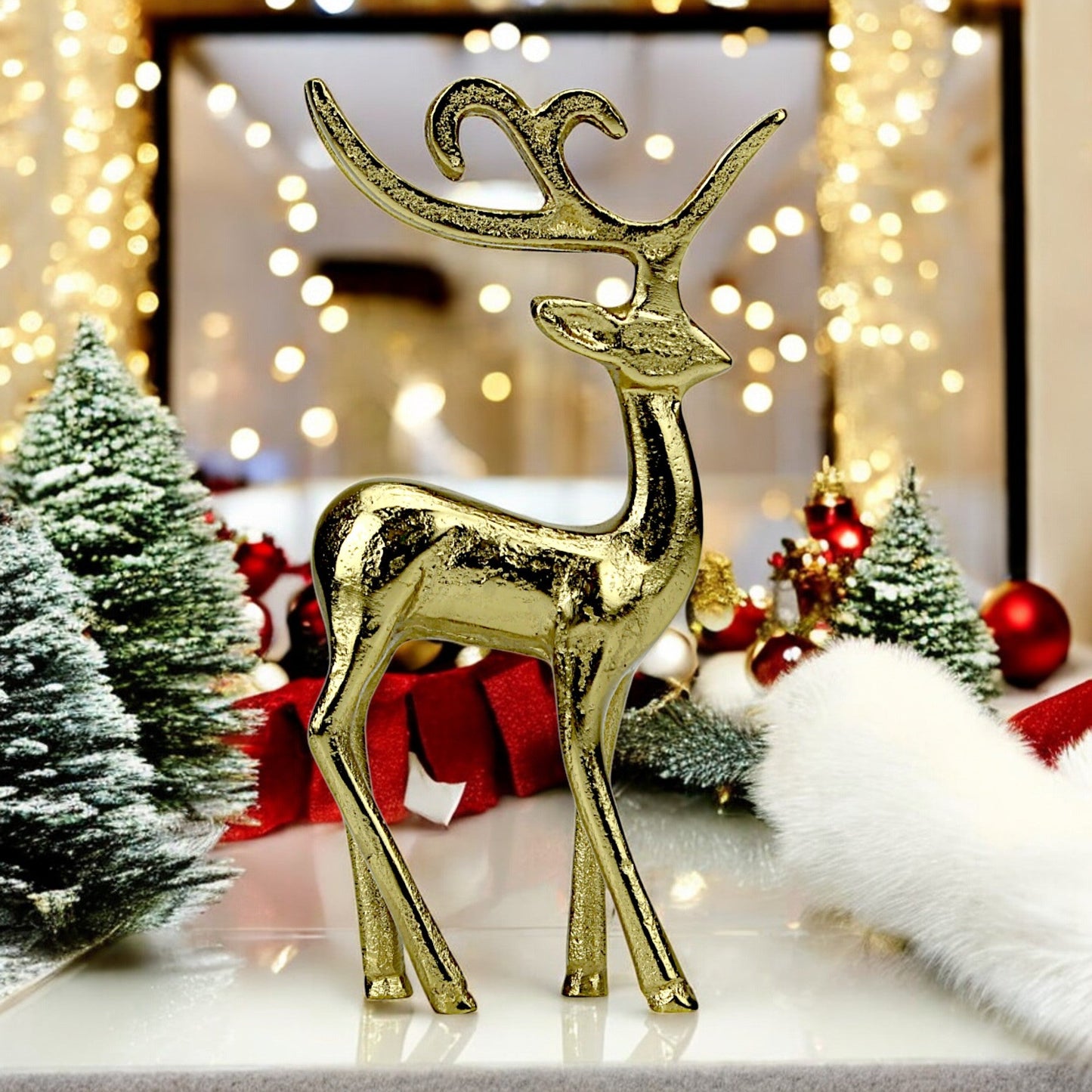 Golden Aluminum Handcrafted Christmas Minimalistic Standing Deer – Elegant Holiday Decor | Hind Decor