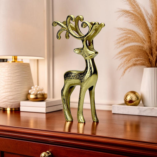 Golden Reindeer Showpiece – Aluminium Modern Decorative Table Accent for Living Room, Office & Christmas Décor (26 cm Height)