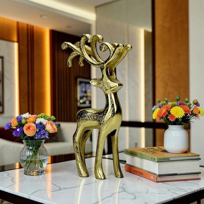 Golden Reindeer Showpiece – Aluminium Modern Decorative Table Accent for Living Room, Office & Christmas Décor (26 cm Height)