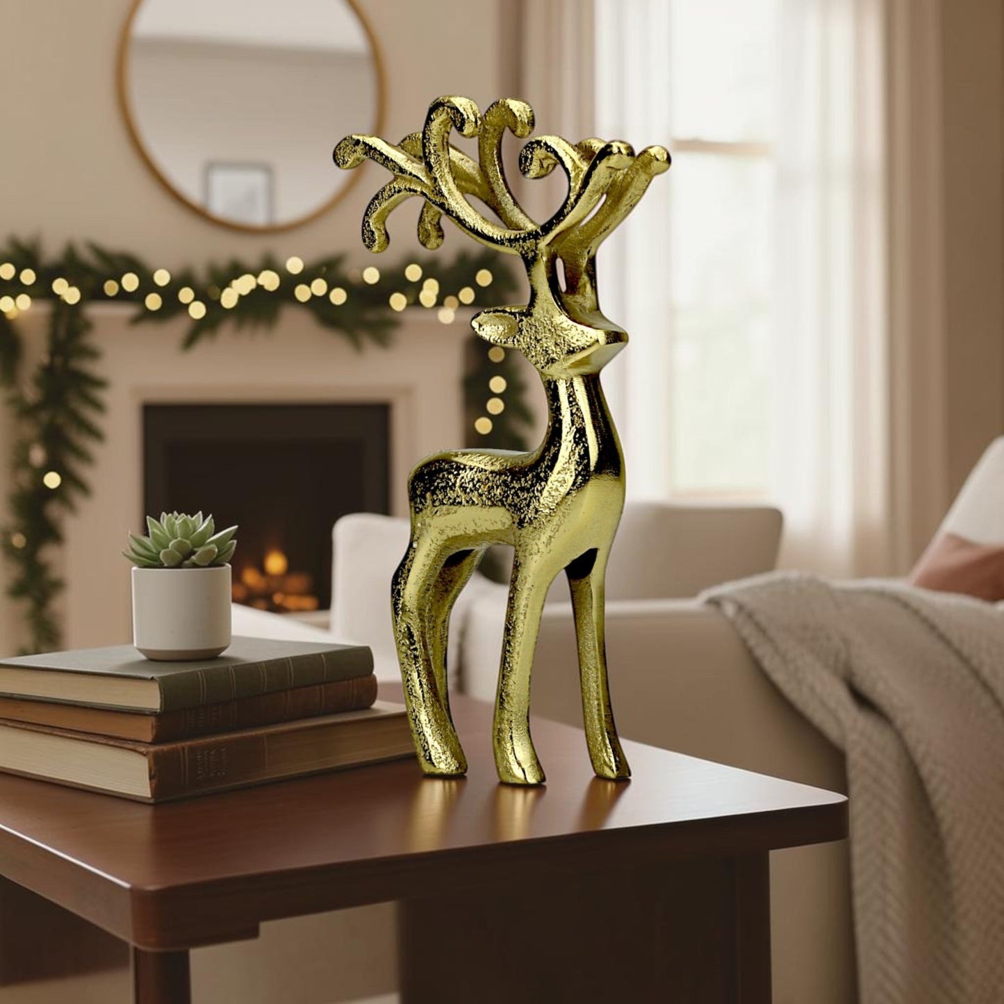 Golden Reindeer Showpiece – Aluminium Modern Decorative Table Accent for Living Room, Office & Christmas Décor (26 cm Height)