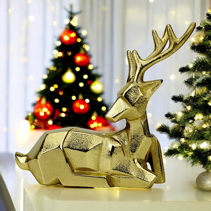 Golden Handcrafted Diamond Cut Design Aluminum Sitting Deer – Elegant Christmas & Holiday Decor | Hind Decor