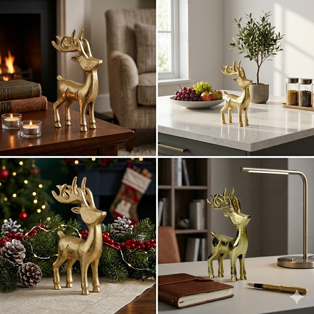 Golden Aluminum Handcrafted Christmas Minimalistic Standing Deer (Set of 2)