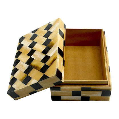 Black and Gold Bone & Horn Inlay Trinket Box with Rope Design – Luxurious Decorative Storage Box
