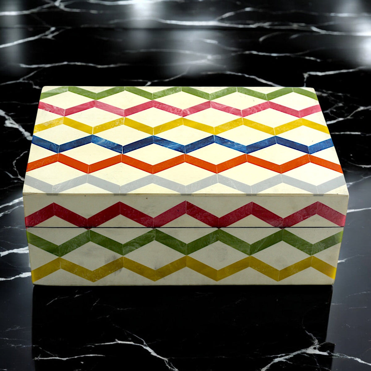 Multicolor Zigzag Design Handcrafted Trinket Box with White Base - Stylish Storage Solution