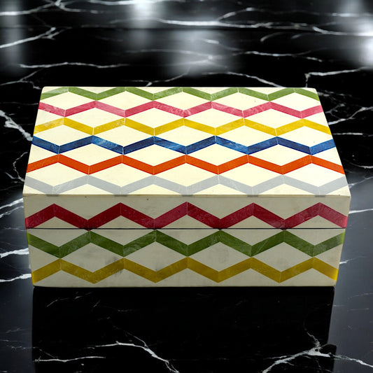 Multicolor Zigzag Design Handcrafted Trinket Box with White Base - Stylish Storage Solution
