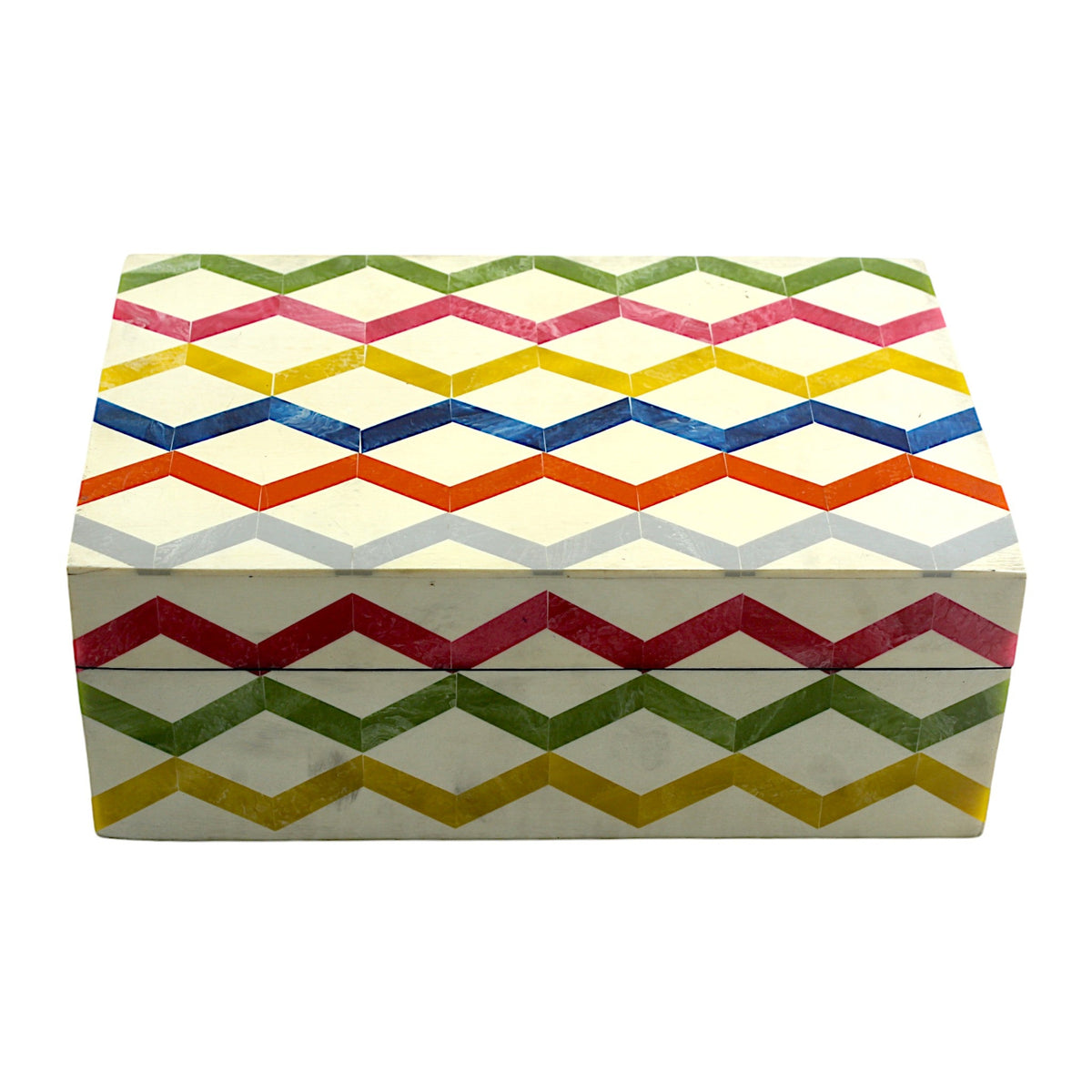 Multicolor Zigzag Design Handcrafted Trinket Box with White Base - Stylish Storage Solution