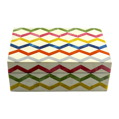 Multicolor Zigzag Design Handcrafted Trinket Box with White Base - Stylish Storage Solution
