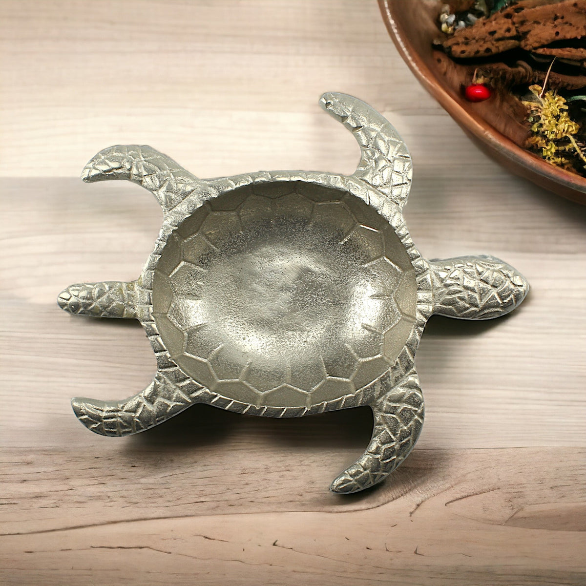 Handcrafted Silver Turtle-Shaped Decorative Bowl: Whimsical Tabletop Accent
