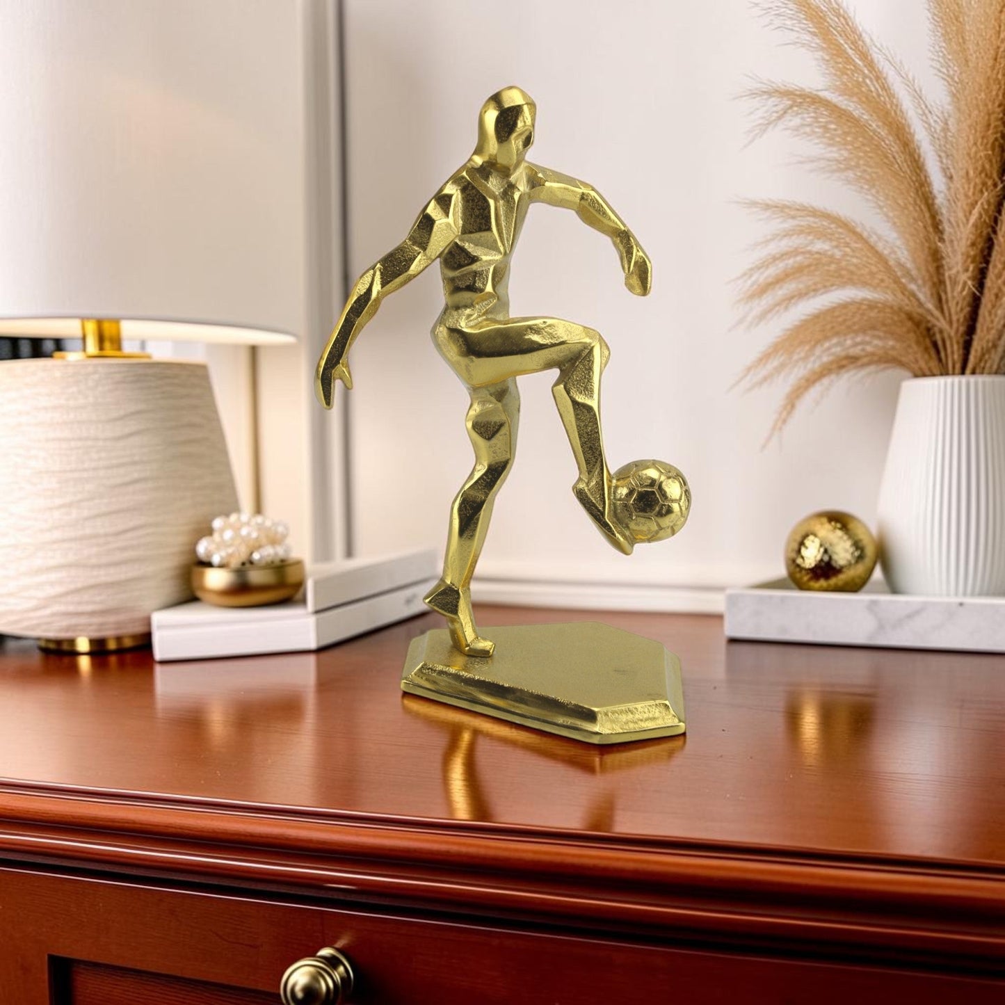 Handcrafted Golden Aluminium Football Player Ornament: Decorative Home Accent