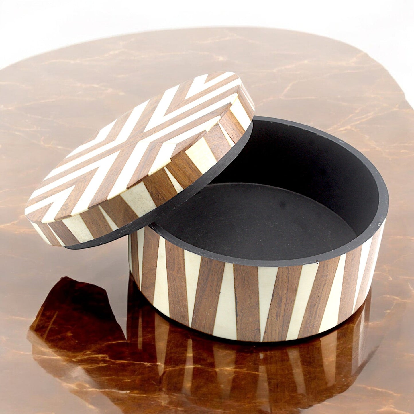 Round White Bone Inlay and Wood Handcrafted Trinket Box - Elegant Storage for Jewelry and Keepsakes