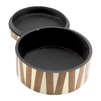 Round White Bone Inlay and Wood Handcrafted Trinket Box - Elegant Storage for Jewelry and Keepsakes