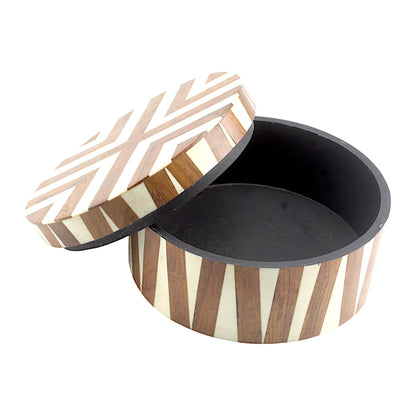 Round White Bone Inlay and Wood Handcrafted Trinket Box - Elegant Storage for Jewelry and Keepsakes