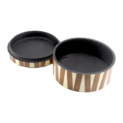 Round White Bone Inlay and Wood Handcrafted Trinket Box - Elegant Storage for Jewelry and Keepsakes