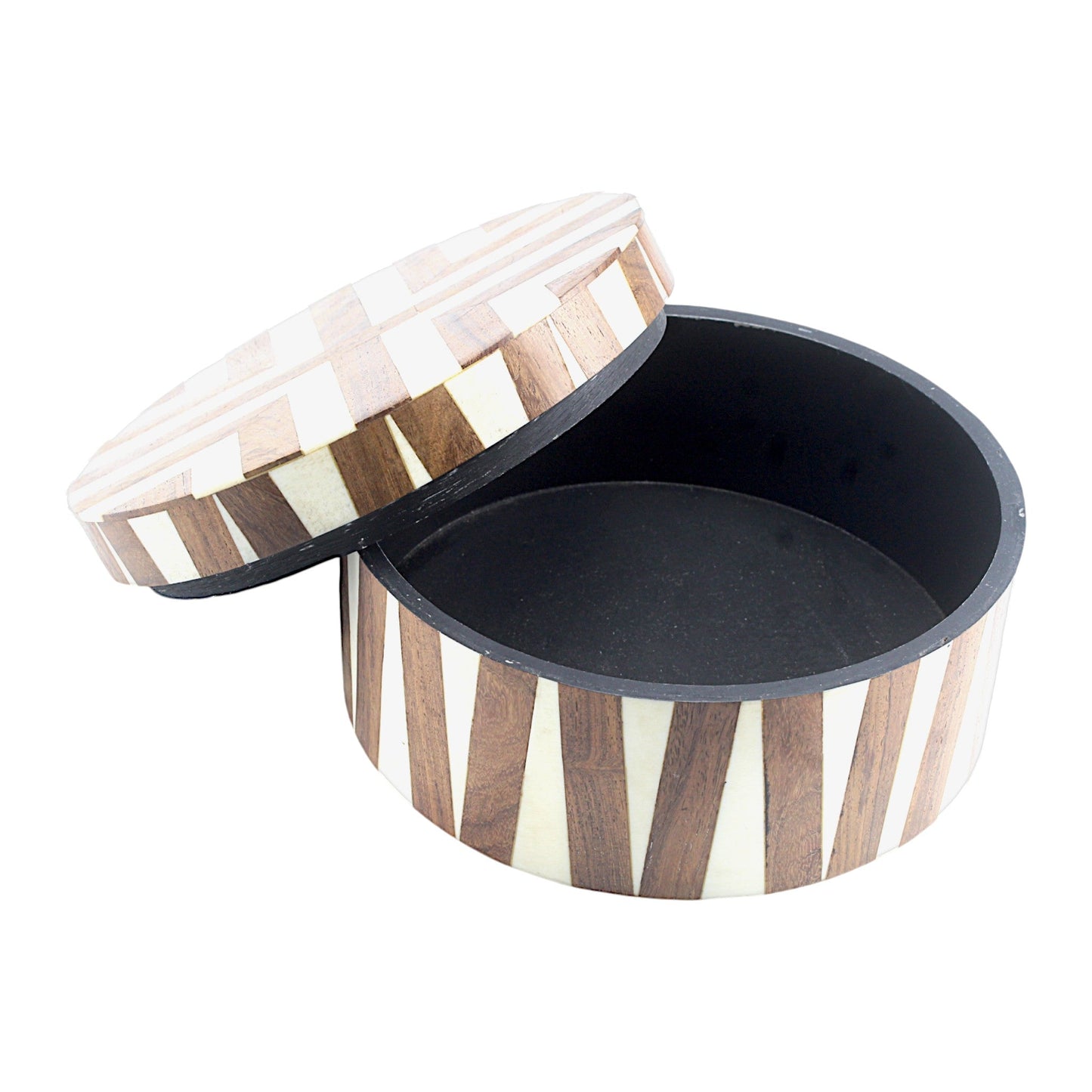 Round White Bone Inlay and Wood Handcrafted Trinket Box - Elegant Storage for Jewelry and Keepsakes