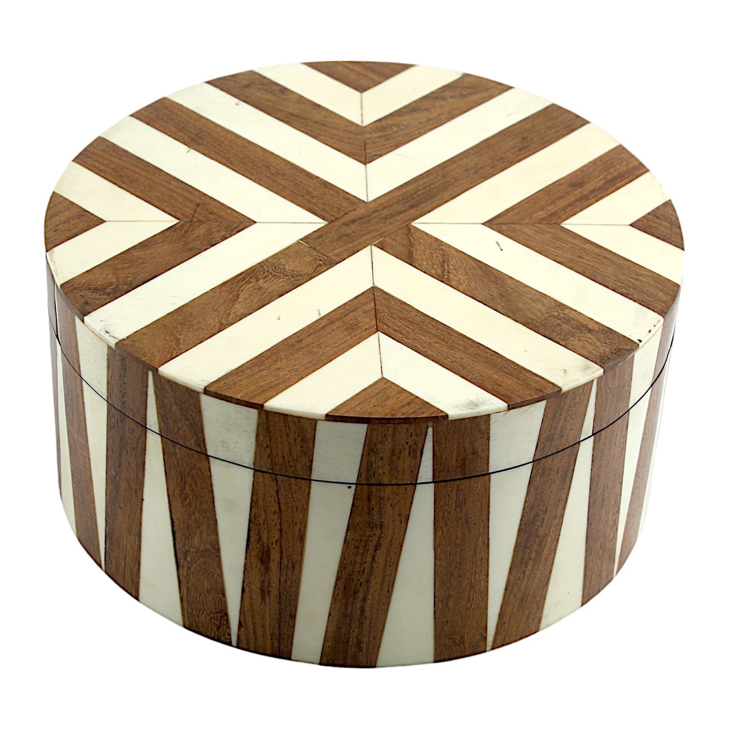 Round White Bone Inlay and Wood Handcrafted Trinket Box - Elegant Storage for Jewelry and Keepsakes