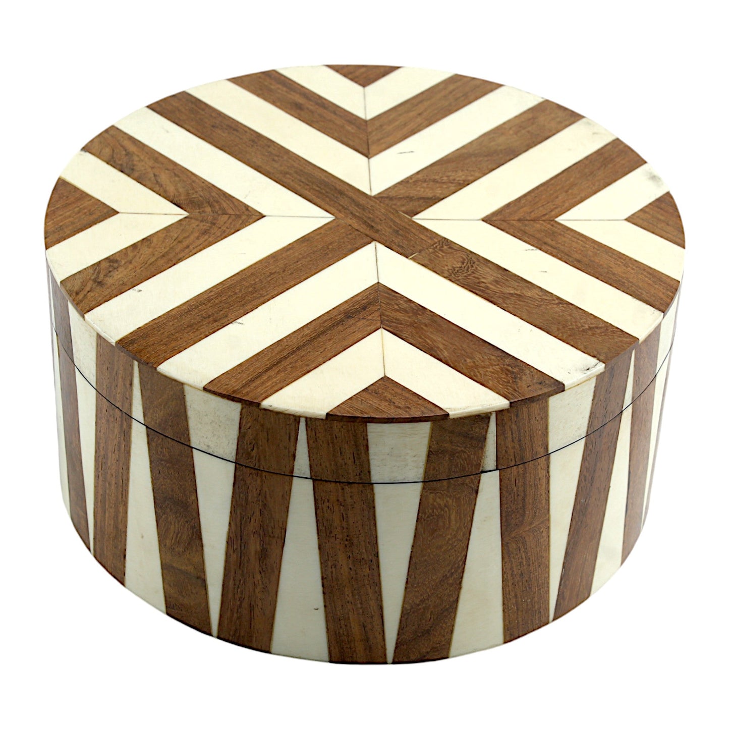 Round White Bone Inlay and Wood Handcrafted Trinket Box - Elegant Storage for Jewelry and Keepsakes