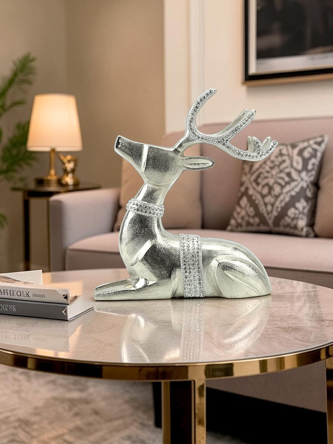 Silver Aluminum Deer Sculpture: Handcrafted Art with Ornamented Horns Adorned with Diamond Jewels