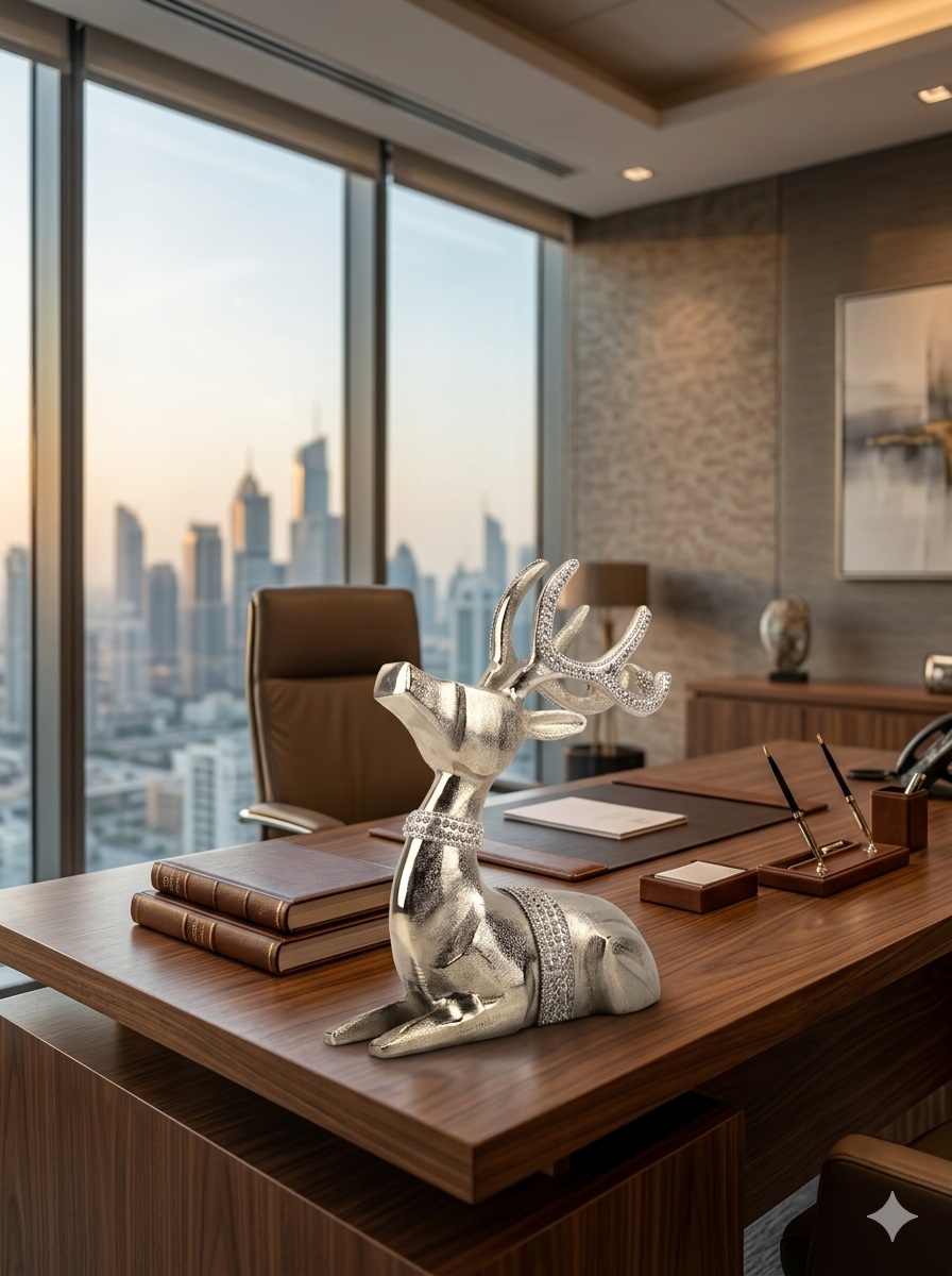 Silver Aluminum Deer Sculpture: Handcrafted Art with Ornamented Horns Adorned with Diamond Jewels
