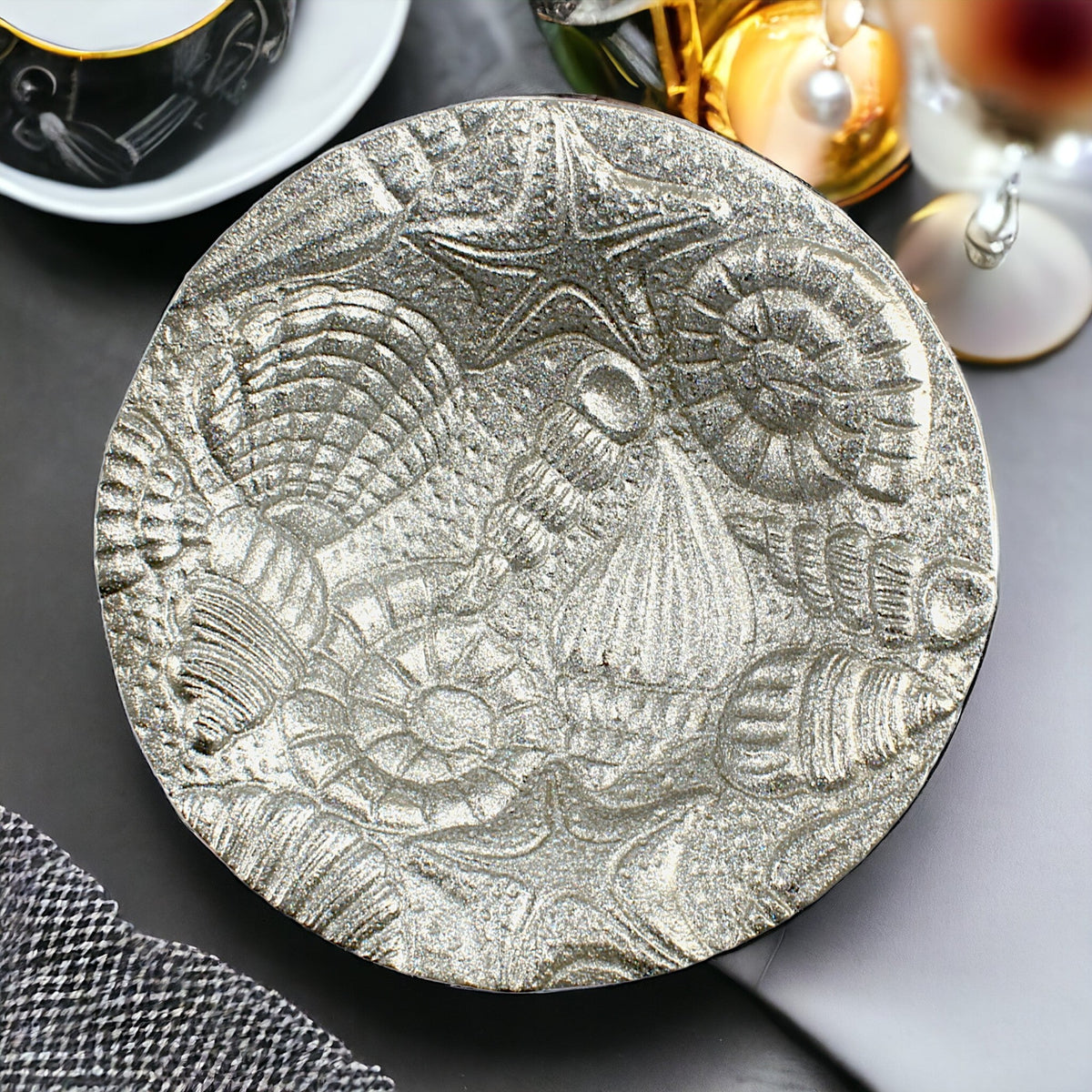 Silver Glittered Sea Creatures Design Aluminium Decorative Bowl