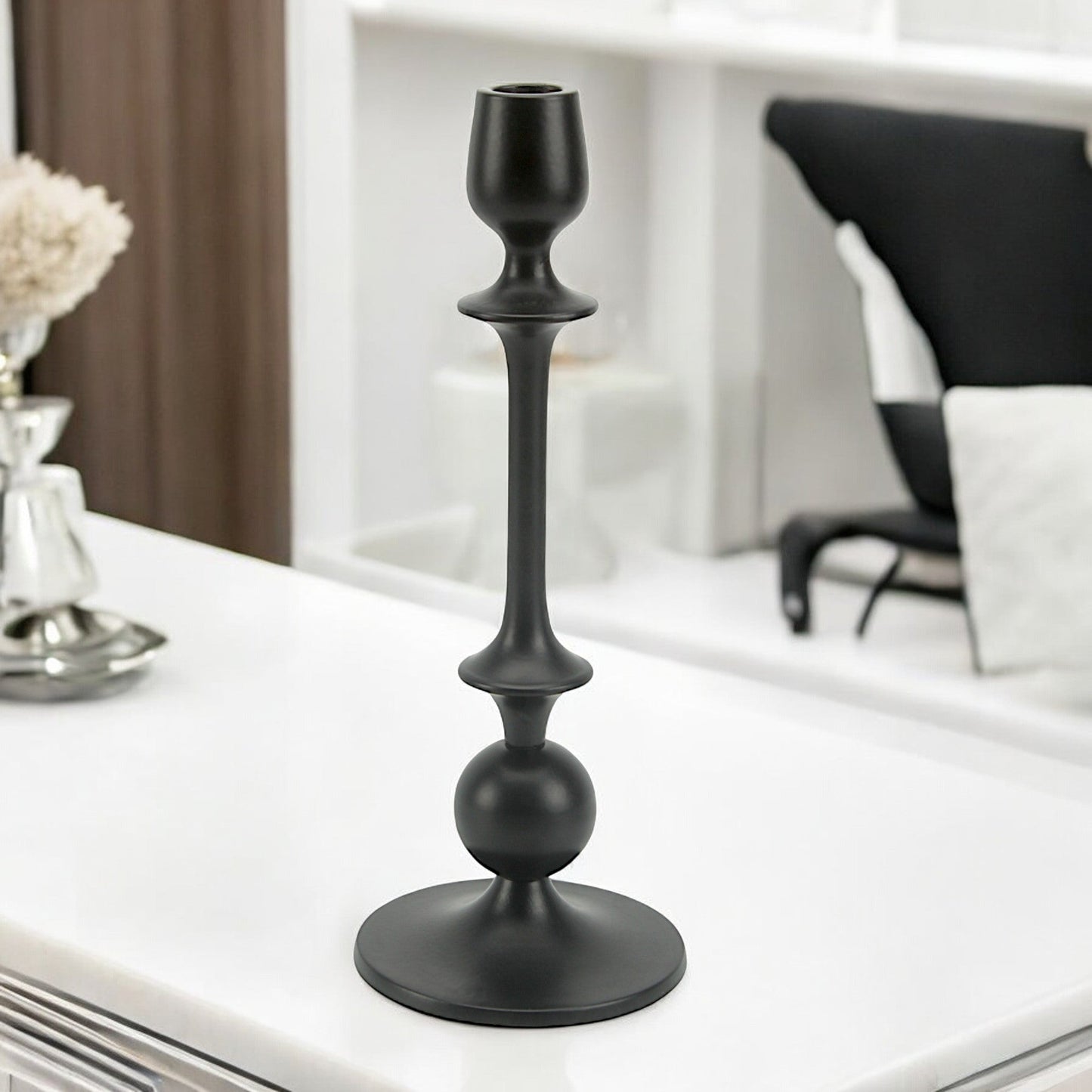 Sleek Noir: Handcrafted Black Aluminum Large Candle Holder | Modern Home Decor