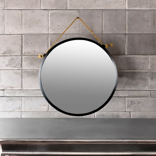 24 Inch Round Black Wall Mirror with Rope Hanger – Rustic Metal Frame Mirror for Bathroom, Bedroom, Entryway & Living Room