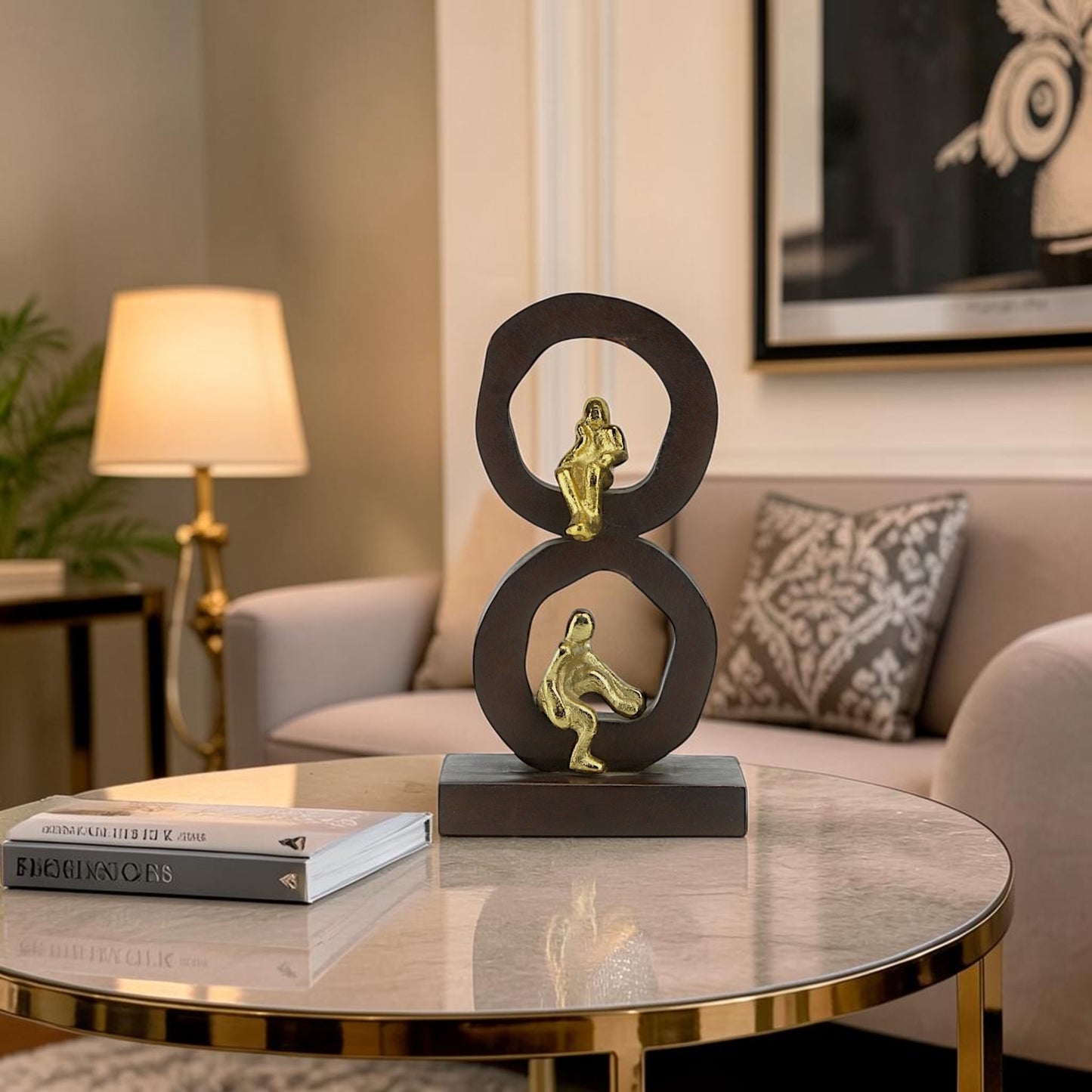 Golden Harmony: Handcrafted Aluminium Mini Human Sitting Sculpture on Wood-Designed Base