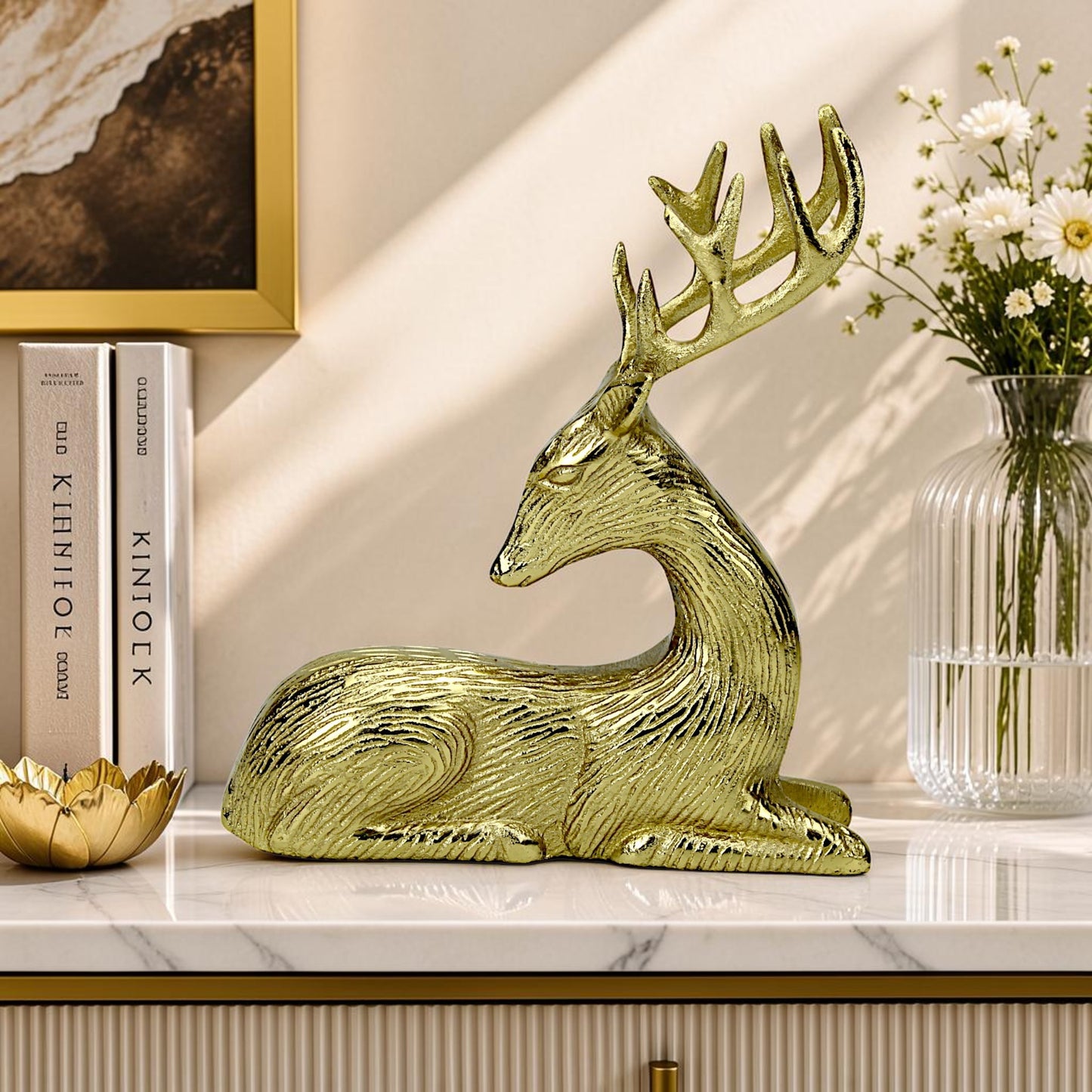 Golden Aluminum Handcrafted Sitting Deer – Elegant Christmas & Holiday Decor | Hind Decor