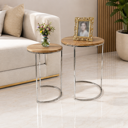 Wooden Side Table Set | Round Metal Base | Hind Decor