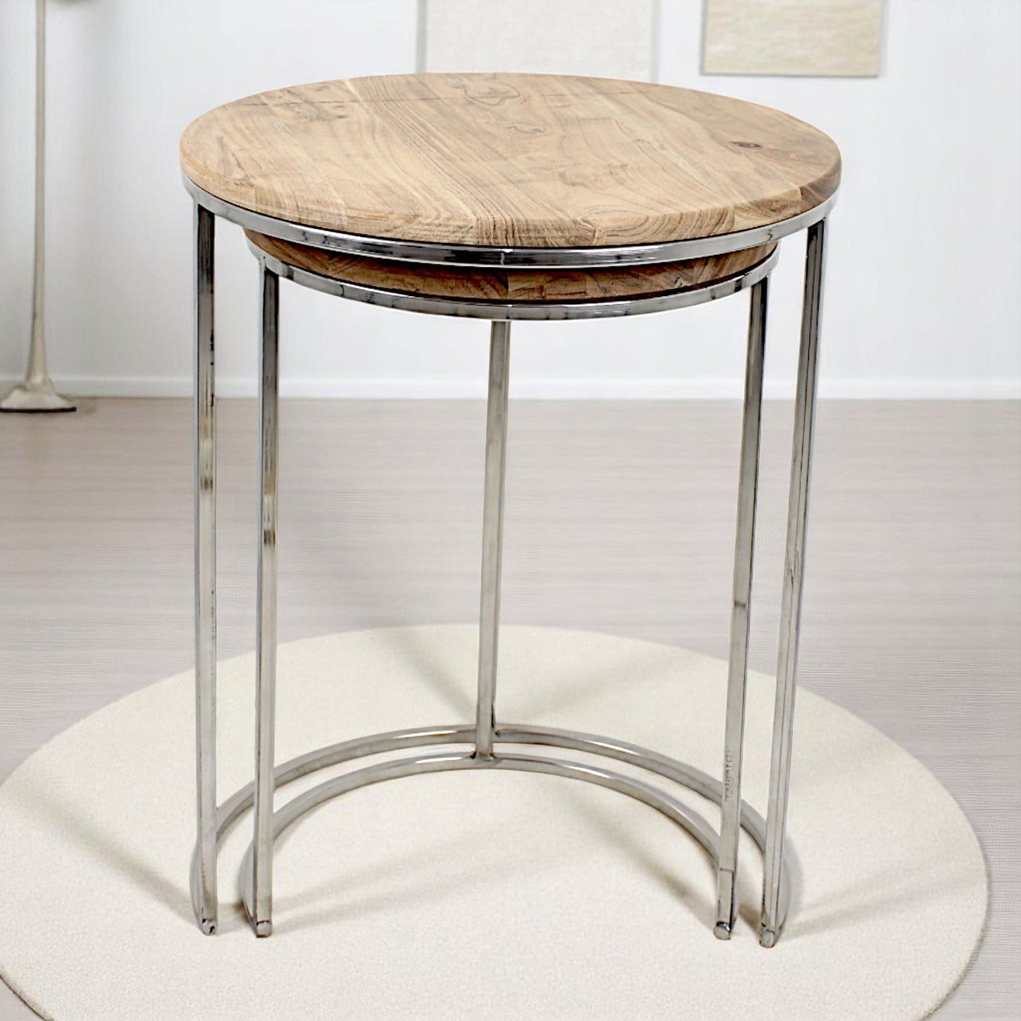 Wooden Side Table Set | Round Metal Base | Hind Decor