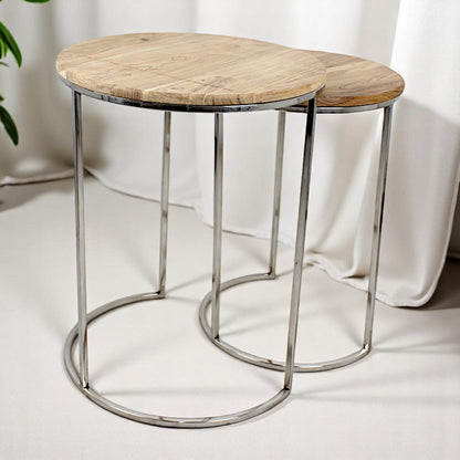 Wooden Side Table Set | Round Metal Base | Hind Decor