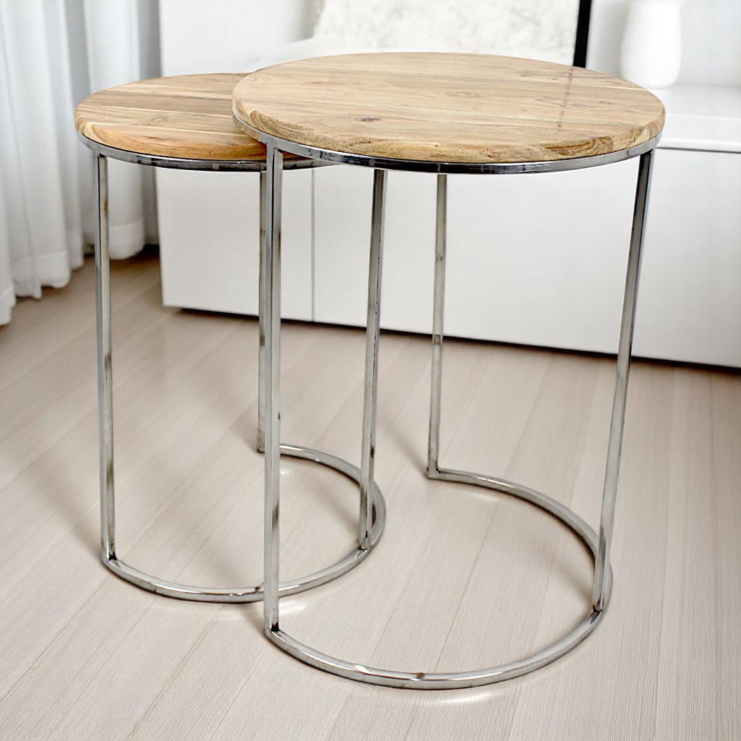 Wooden Side Table Set | Round Metal Base | Hind Decor