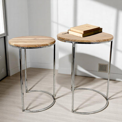 Wooden Side Table Set | Round Metal Base | Hind Decor