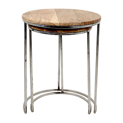 Wooden Side Table Set | Round Metal Base | Hind Decor