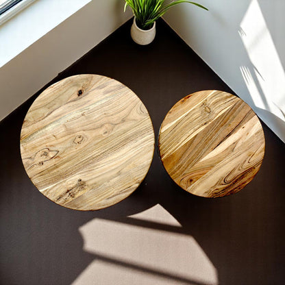 Wooden Side Table Set | Round Metal Base | Hind Decor