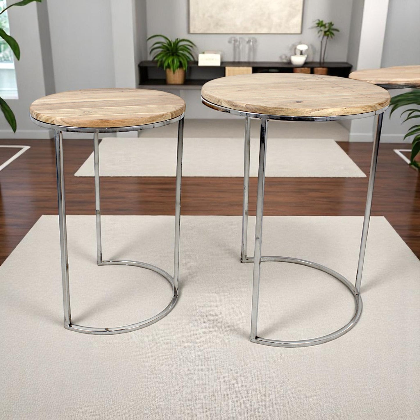 Wooden Side Table Set | Round Metal Base | Hind Decor