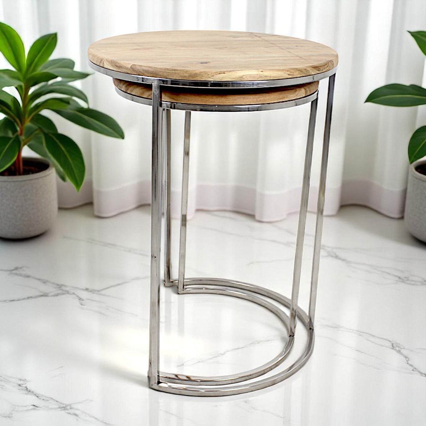 Wooden Side Table Set | Round Metal Base | Hind Decor