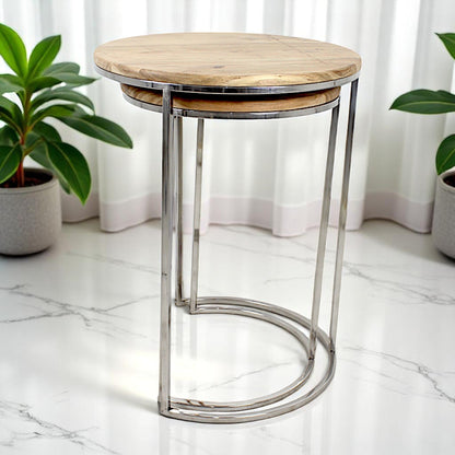Wooden Side Table Set | Round Metal Base | Hind Decor