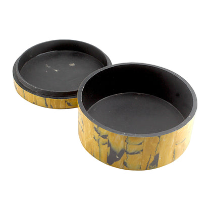 Yellow Bone Inlay Handcrafted Round Trinket Box - Vibrant Storage Solution for Jewelry and Treasures